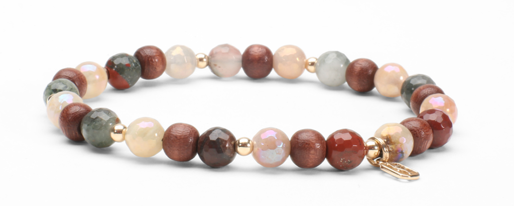 Peach Moonstone and African Bloodstone Gemstones mixed with Wood and 14kt gold Bracelet