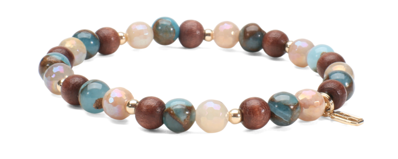 Peach Moonstone, Sea Blue Opal Bronzite, Wood an 14kt Gold Bracelet